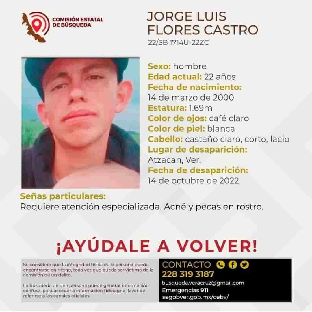 Buscan a Jorge Luis Flores, de 22 años; desapareció en Atzacan