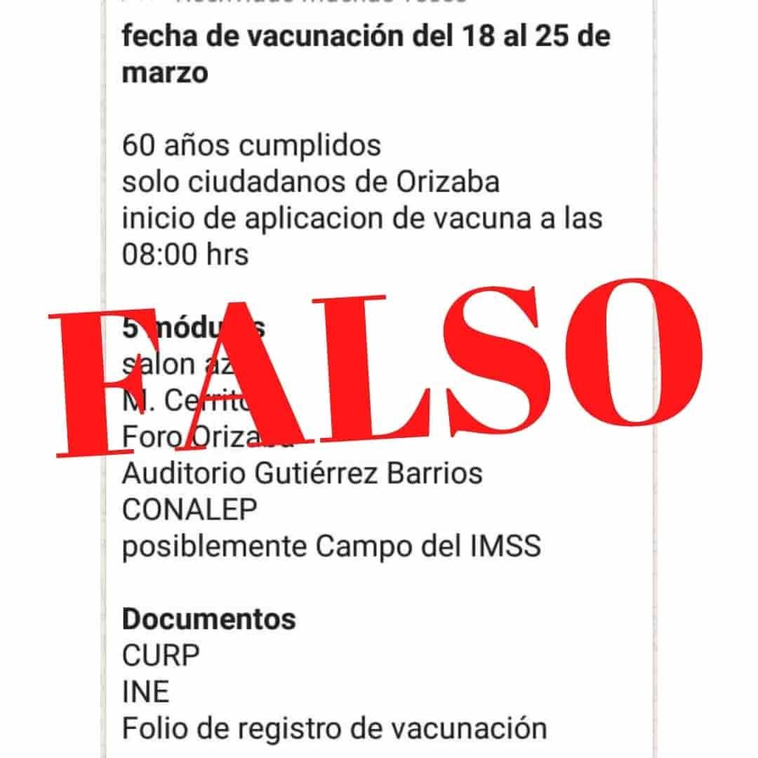 Ojo: desmienten fecha de aplicación de vacuna vs Covid en Orizaba