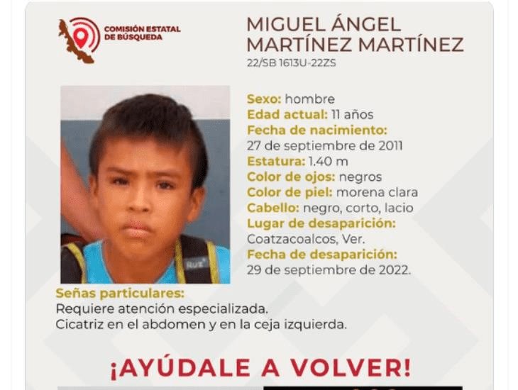 El pequeño Miguel desapareció en Coatzacoalcos; requiere atención especializada