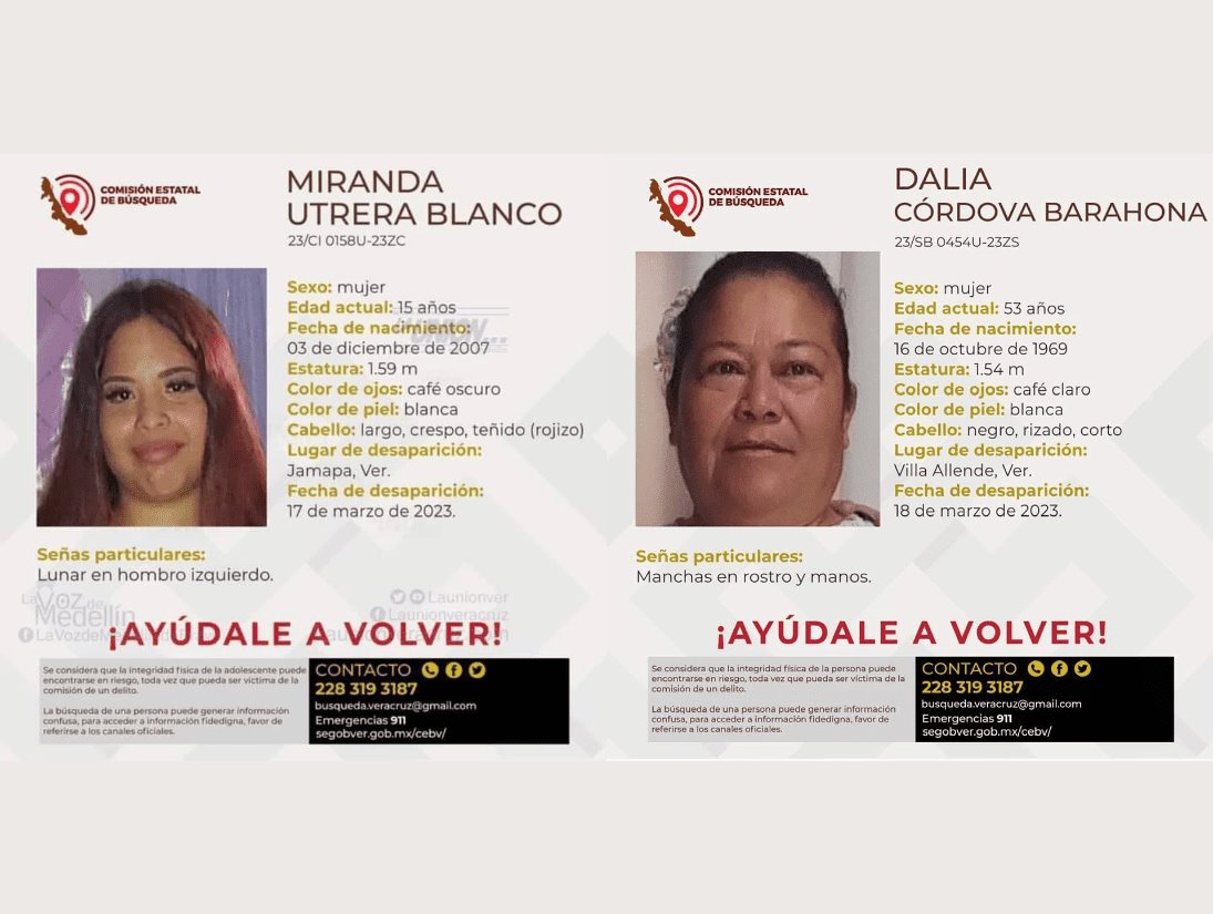 Buscan a Miranda y doña Dalia, desaparecidas en Veracruz